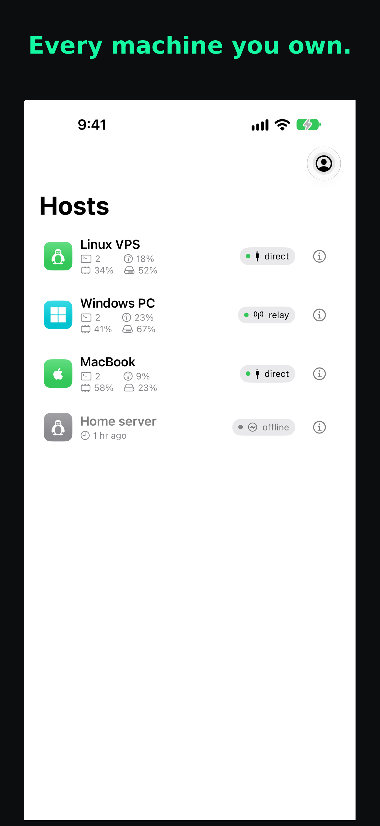 Tenax demo hosts: Linux VPS, Windows computer, MacBook, and an offline Home server, with distinct OS icons