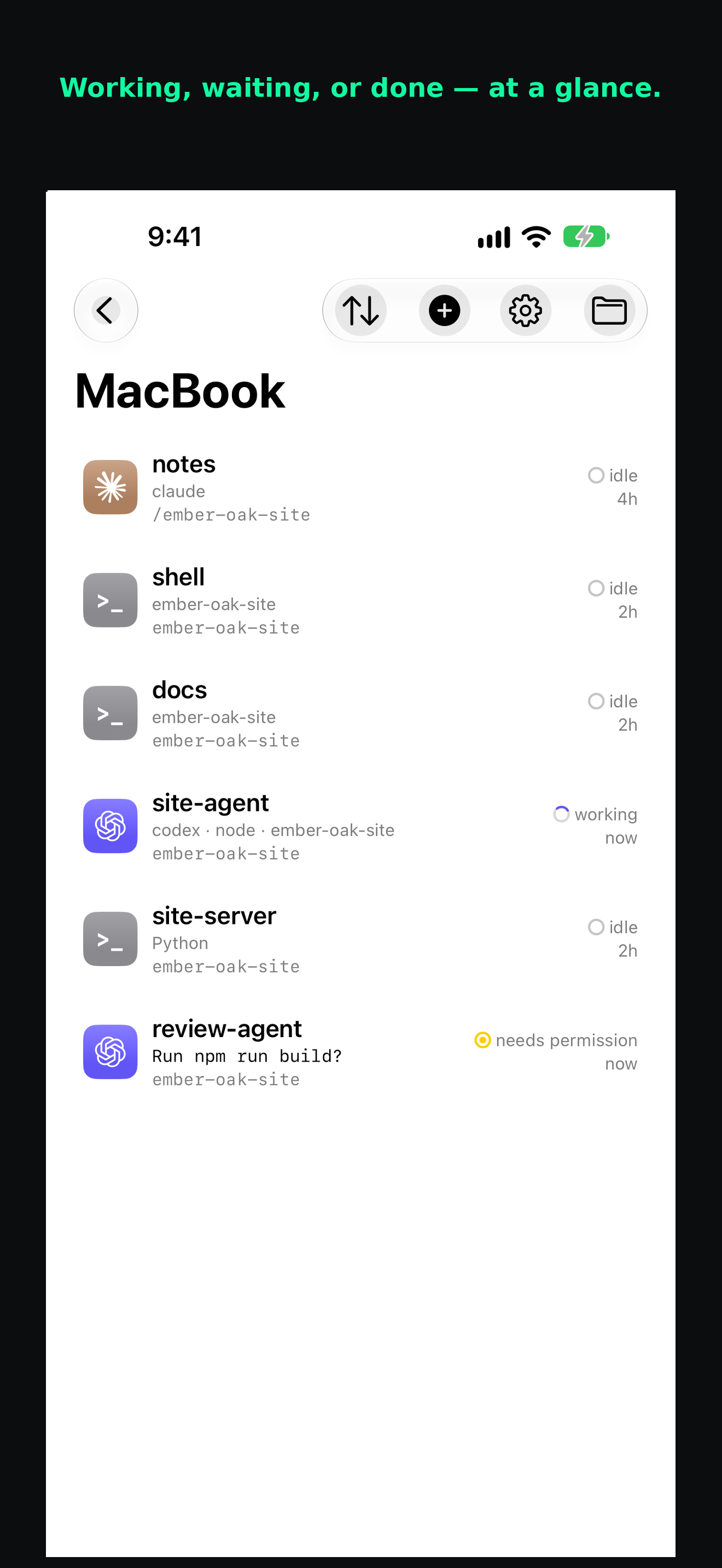 Tenax demo sessions on MacBook: a shell, Claude idle, Codex working, and Codex waiting for approval
